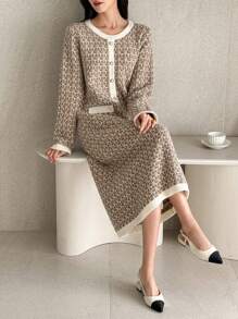 DAZY Women All-Over Print Crew Neck Long Sleeve Button Up Front Casual Knit Sweater Dress, Autumn/Winter - Khaki - View 7