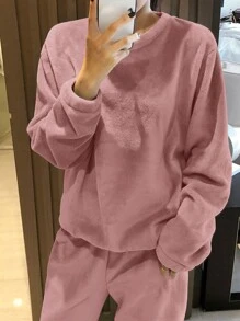 DAZY Minimalist Flannel Thickened Women Pajama Set, Winter - Pink - View 5