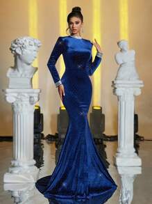 Glamrae Elegante vestido de noche de cola de pez con espalda abierta, de cuello alto con diamantes de imitación y perlas incrustados, de manga larga, de terciopelo de lujo, para invitados de boda, graduación, cena