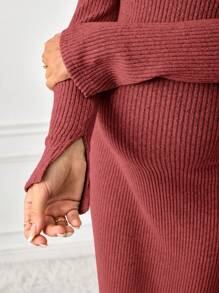SHEIN 孕妇针织中长袖连衣裙，秋冬季 - 酒紅色 - 查看 7