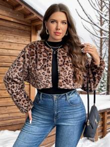 SHEIN Privé Plus Size Elegant Fluffy Leopard Pattern Long Sleeve Jacket For Women, Autumn Winter - Multicolor - View 5