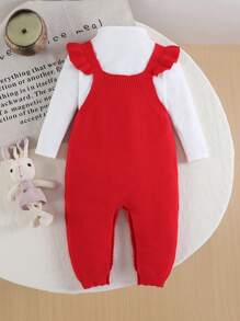 Conjunto de niña bebé para primavera/otoño con pantalón de tirantes de punto con intarsia de dibujos animados, diseño lindo de conejo peludo rosa, mangas con volantes, para Navidad