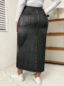 SHEIN Essnce 大码女式休闲长款牛仔效果印花裙 - 黑色 - 查看 2