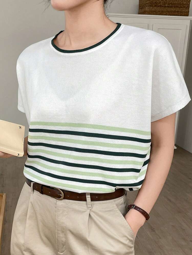 Women's Contrast Color Striped Crew Neck Knit Sweater,Fall Clothes