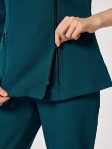 TaskEZ Women Contrast Color Trim With Pocket Top And Pants Pocket Front Zip Fitted Jacket Solid Long Sleeve Top & Pocketed Pants Healthcare Uniform Scrub Set - White - View 8