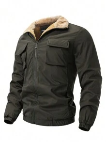 Manfinity Homme Men's Front Zip Up Long Sleeve Pockets Simple Jacket Casual Outwear,Men Jacket,Fall And Winter Men Clothes,Winter Men Jacket,Plush Fleece For Warmth - Army Green - View 3