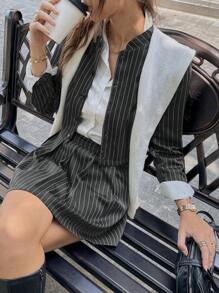 Calvaya 2pcs/Set Women Striped Print Long Sleeve Top And Elastic Waist Skirt