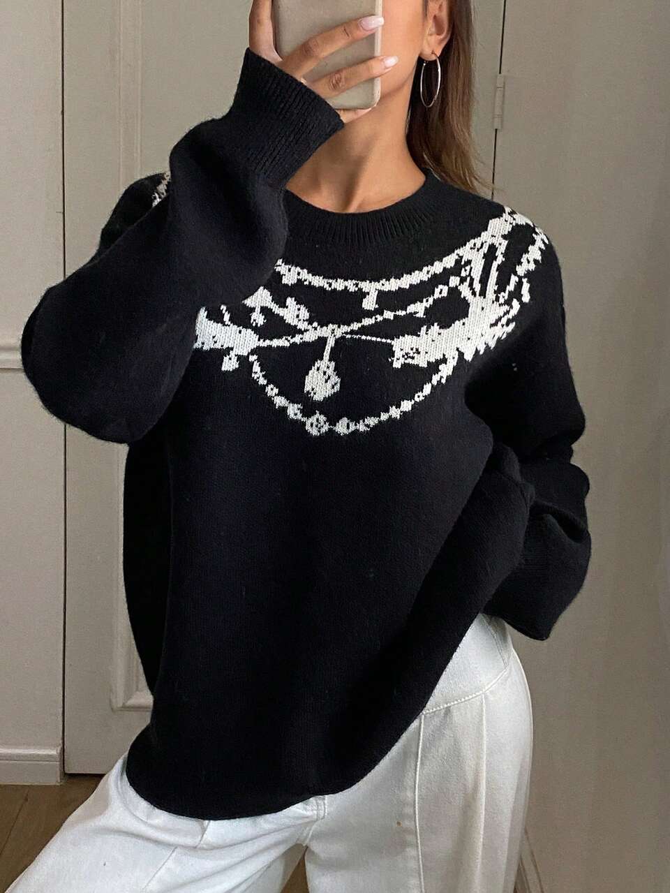 Patterned Jacquard Loose Fit Crew Neck Long Sleeve Thick Knitted Sweater For Women,Fall Women Clothes