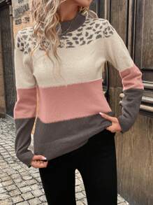 SHEIN LUNE Casual Chic French Countryside Music Festival Leopard Print Red Long Sleeve Sweater For Women, Autumn/Winter,Long Sleeve Tops