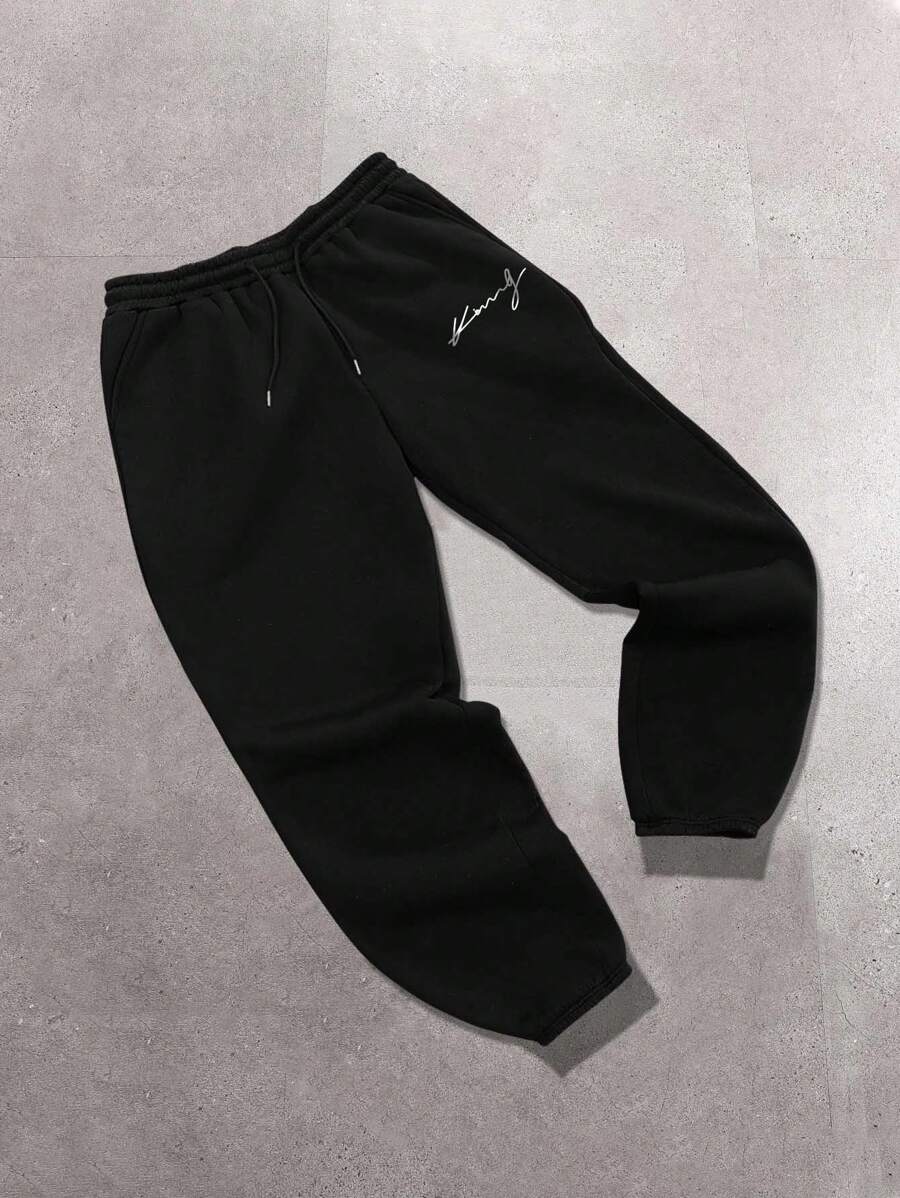 Manfinity Roghcode Men's Casual Drawstring Letter Print Sweatpants - Black - View 1