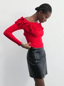 Maija 1 Stück Damen roter einfarbiger Applikations-Off-Shoulder eleganter Strickpullover, gemütlich und romantisch, geeignet für Weihnachten, langärmelige warme Oberseite
