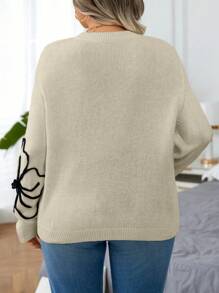 EMERY ROSE Plus Size Round Neck Long Sleeve Floral Pattern Detail Minimalist Casual Pullover Sweater, For Winter Knit Pullover Fall Sweater - Apricot - View 2