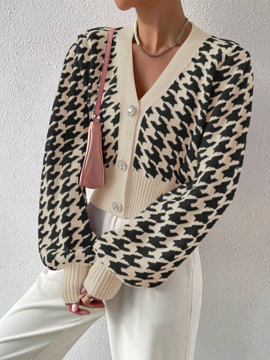 SHEIN Unity Autumn & Winter Casual Houndstooth Pattern Lantern Sleeve Cropped Cardigan - Apricot - View 1
