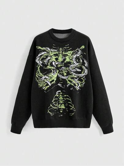 Goth Suéter holgado cuello redondo con diseño de calavera y serpiente en técnica de entrelazado en color verde oscuro para mujer