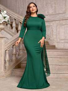 SHEIN Belle Đầm đuôi cá cổ tròn màu xanh lá cây thanh lịch lãng mạn cỡ lớn cho nữ, vải co giãn cao, ba chiều, đính hoa, vai bồng bềnh, cỡ lớn, thích hợp cho tiệc cưới và váy phù dâu, váy dài tay - Màu xanh lá cây đậm - Xem 7