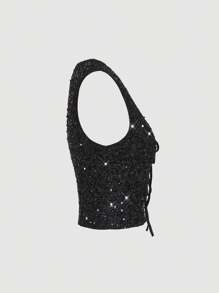 SHEIN MOD 女式黑色亮片背心夹克、蝴蝶结上衣、海盗、嬉皮、优雅上衣、冬季上衣， - 黑色 - 查看 2