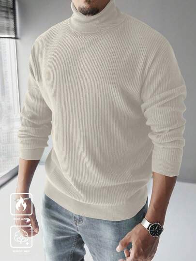 Manfinity Homme Pullover à col montant doublé thermique de couleur unie grande taille pour hommes, pull col roulé pour hommes, col roulé pour hommes, pull col roulé, pull col montant pour hommes, pour l'automne et l'hiver