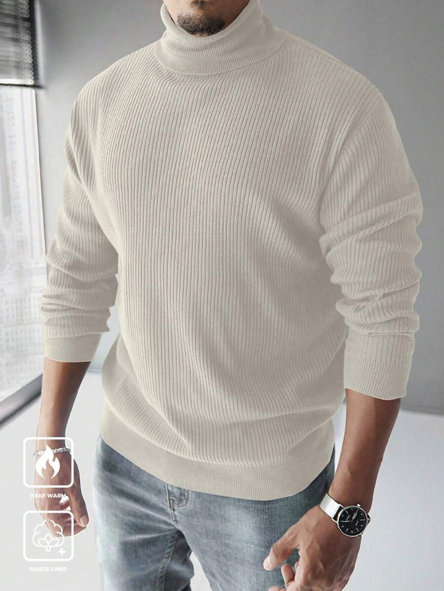 Manfinity Homme Plus Size Men's Casual Solid Color High Neck Thermal Lined Pullover Sweater, Men Turtleneck Sweater, For Fall Winter, Long Sleeve Top