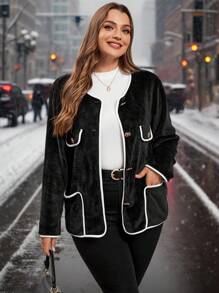 SHEIN Clasi 1pc Women Plus Size Fuzzy Fabric Colorblock Design Elegant Outerwear For Fall/Winter - Black and White - View 4