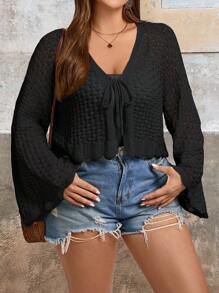 SHEIN VCAY 大码纯色镂空针织喇叭袖开衫，休闲，秋季 - 黑色 - 查看 1
