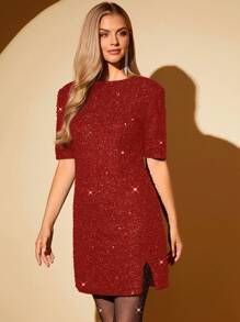 SHEIN Clasi Váy dự tiệc hở lưng chữ V sequin gợi cảm cho nữ - Đỏ - Xem 4