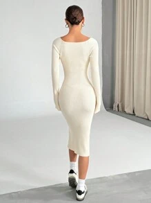 Flirla Women Autumn/Winter Sexy V-Neck Flare Sleeve Ribbed Fitted Midi Dress With Slit Hem Fall Cloth For Women