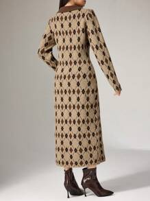 Modelyn 秋冬女式几何印花翻领复古长袖毛衣裙