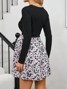 SHEIN 2pcs Maternity Set - Solid Color Round Neck Long Sleeve Top & Adjustable Waist Allover Print A-Line Skirt, Autumn