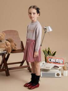 PrepCrw 年轻女孩格子针织 A 字中长裙，休闲学院风红色千鸟格图案，秋冬 - 紅色 - 查看 7