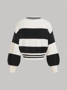 SHEIN MOD Áo len cardigan sọc đen trắng dài tay cổ chữ V cài nút, áo len lễ hội, áo len cardigan nữ, áo len sọc, áo len năm mới xấu xí, váy mùa đông cho nữ - Đen và trắng - Xem 2