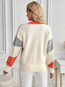 SHEIN LUNE Women's Color Block V-Neck Casual Pullover Sweater