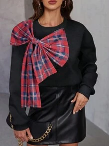 INAWLY 女士休闲格子蝴蝶结装饰圆领长袖运动衫 - 黑色 - 查看 1