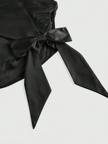 SHEIN MOD Women's Solid Color Ruched Bandeau Crop Top With Bow,Satin,Elegant - Black - View 4