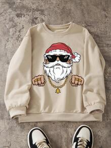 青少年男孩卡通印花圆领运动衫，复古独特的美式风格，2024 年春秋新品系列，适合圣诞节 - 卡其色 - 查看 1