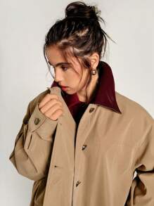 Athîral Barn Jacket-拼色领休闲风衣 秋冬女装卡其色翻领风衣 女装设计时尚百搭休闲风衣防风女装 Barnfit - 卡其色 - 查看 3