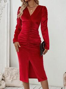 SHEIN Clasi 1 件红色 V 领褶皱开衩长袖优雅连衣裙