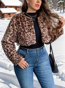 SHEIN Privé Plus Size Elegant Fluffy Leopard Pattern Long Sleeve Jacket For Women, Autumn Winter - Multicolor - View 1