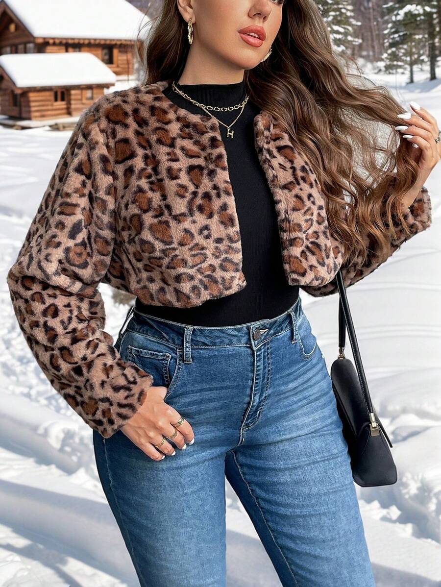 SHEIN Privé Plus Size Elegant Fluffy Leopard Pattern Long Sleeve Jacket For Women, Autumn Winter - Multicolor - View 1