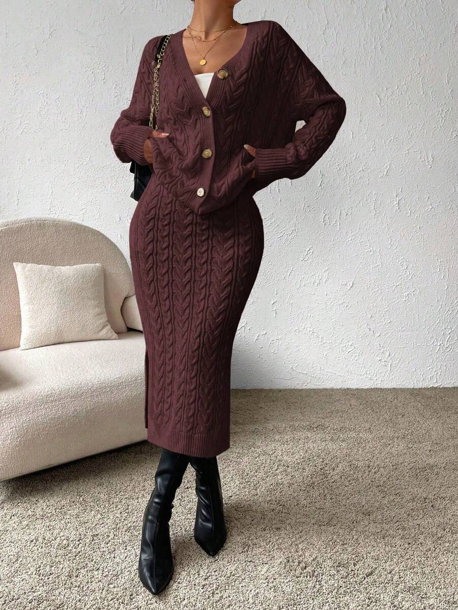 SHEIN Clasi 2 Pieces Set: Solid Color V-Neck Button Front Long Sleeve Top And Skirt Elegant Knitted Sweater - Coffee Brown - View 1