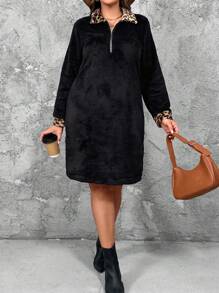 冬季加大码长袖羊毛宽松连衣裙 - 黑色 - 查看 5