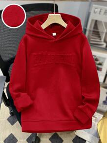 SHEIN Teen Boys' Casual Hooded Sweatshirt With Embossed English Text, Green, Long Sleeve, Suitable For Autumn, Winter, School, Home, Daily Wear, Sports, Birthday Party, Outings, All-Match & Versatile