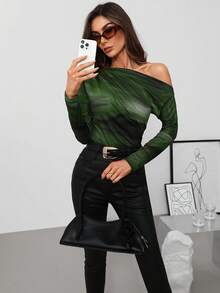 SHEIN Clasi Áo thun nữ thời trang cổ bẻ nhuộm loang màu thời trang thu đông - màu xanh lá - Xem 6
