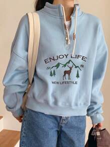 DAZY Women Graphic Embroidered Half-Zip Relaxed Fit Fleece Sweatshirt - Blue - View 3