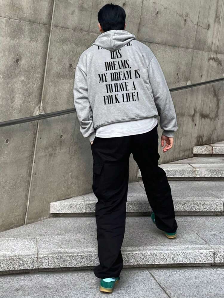 Men's Casual Letter Print Pocket Decor Long Sleeve Hoodie,Fall Clothes