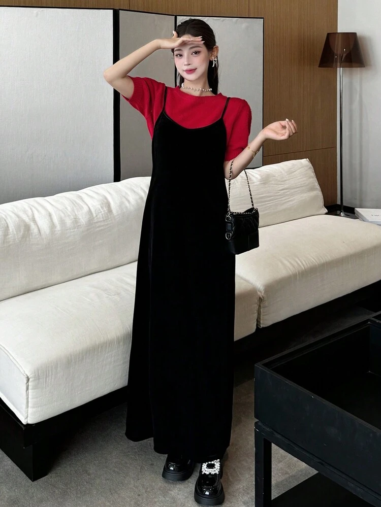 2pcs Women Casual Sweater And Slip Dress Set, Autumn/Winter