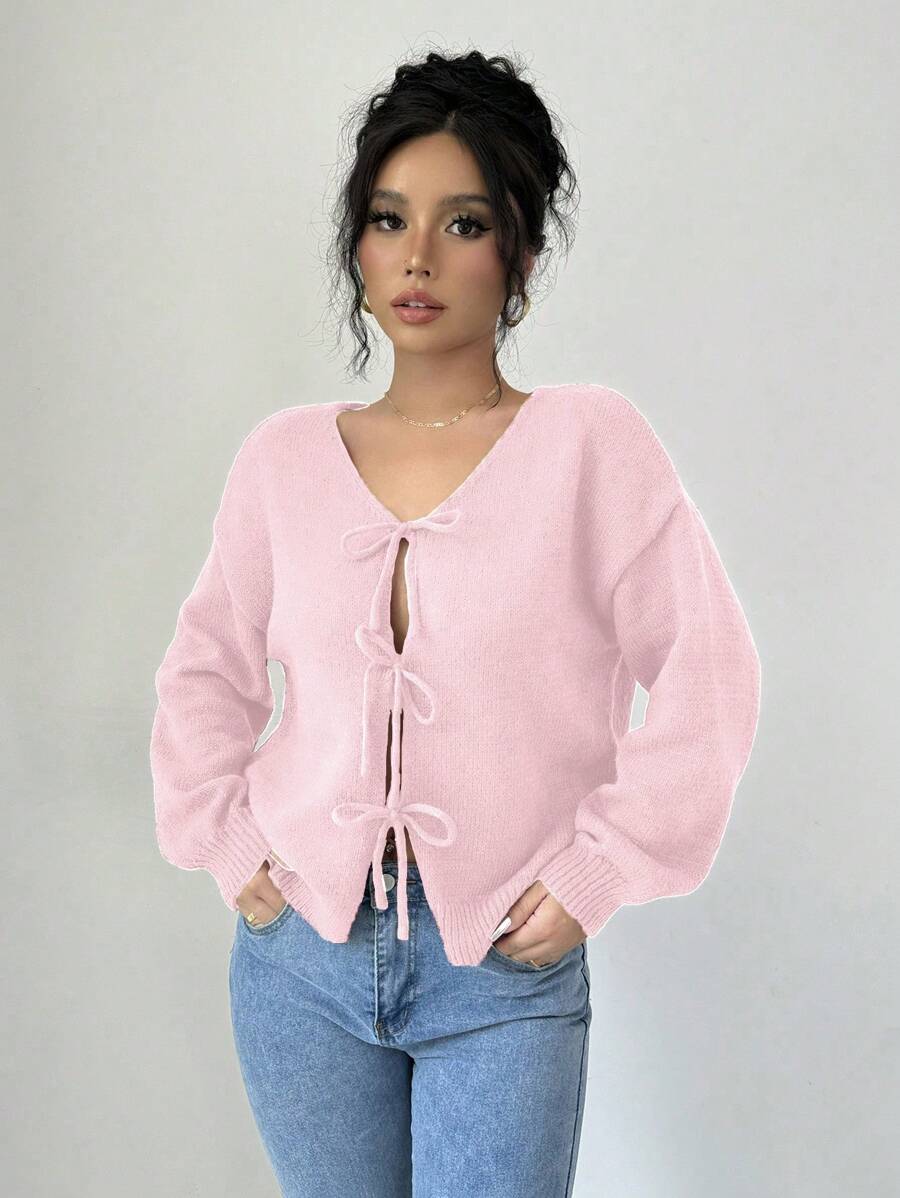Rafferiza 1pc Solid V-Neck Front Tie Casual Versatile Knit Long Sleeve Cardigan,Long Sleeve Tops Fall Winter Cloth For Women - Pink - View 1