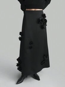 Ontre Women's 2025 Spring Floral Embellished Elegant Minimalist A-Line Skirt, Black Holiday Essential For Tall - Black - View 7