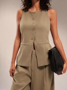 Forever 21 Ladies Solid Button Up Blazer Vest - Khaki - View 3