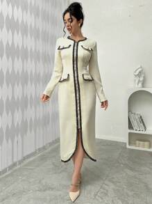 Modelyn Vestido largo de lana hecho a mano con manga larga y tejido grueso, vestido de noche largo para mujer, ropa de otoño para mujer - Albaricoque - Ver 4