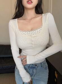 DAZY 春季新款修身二合一女式可爱T恤上衣，秋季服装长袖女式上衣 - 米色 - 查看 4